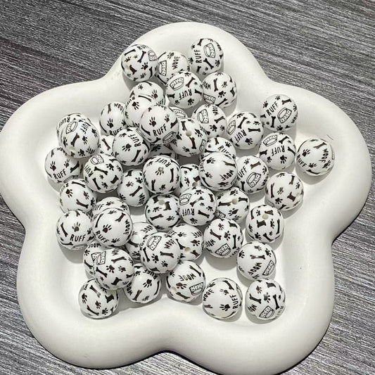 15mm Bone paw printed silicone beads